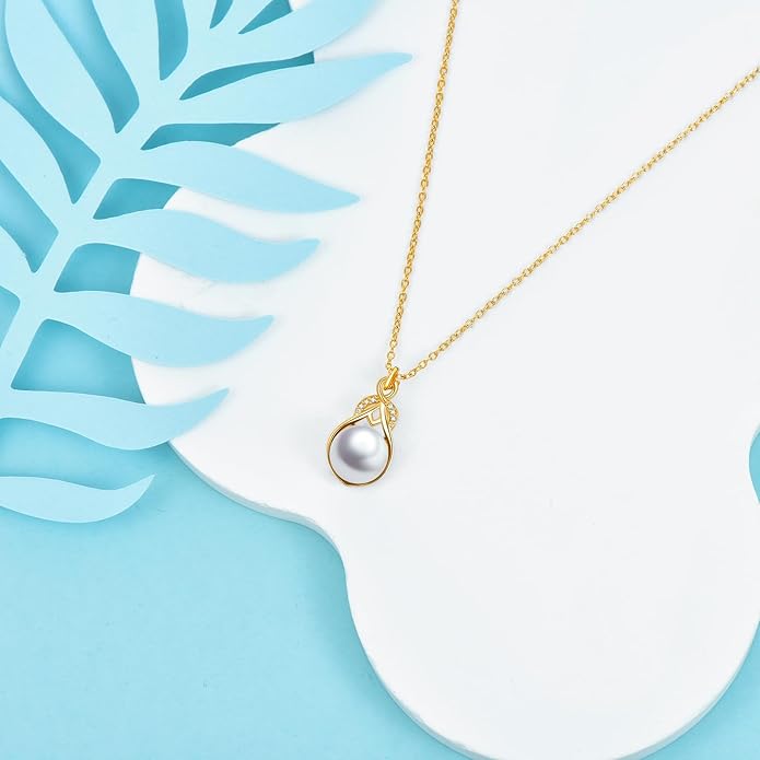 NFYBD 14K Gold Pearl Necklace for Women,9mm Freshwater Cultured White Pearl Pendant Necklaces Jewlery Gifts for Her Wife Mom Present for Anniversary Birthday Mothers Day 16+1+1
