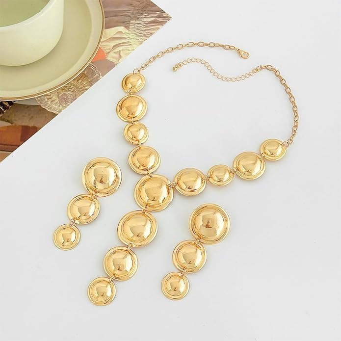 Exaggerated Chunky Gold Choker Long Y Necklace Round Drop Earring Set for Women Unique Big Geometry Silver Necklaces Large Dangly Earring Jewelry Gift