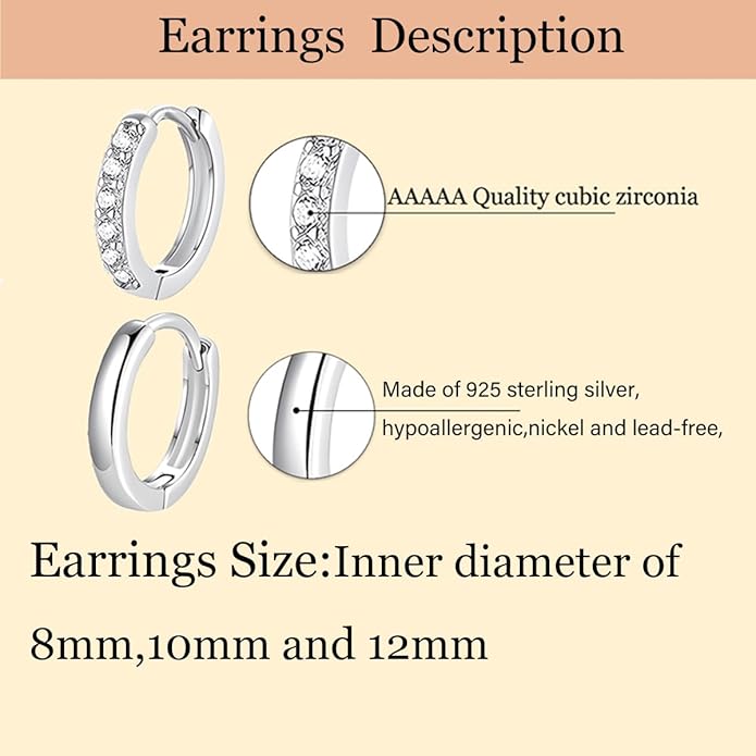 Cocadant 6 Pairs 925 Sterling Silver Small Hoop Earrings for Women,14k Real Gold Hypoallergenic Tiny Cubic Zirconia Cartilage Huggie Earring Sets for Multiple Piercing Trendy Jewelry 8/10/12mm
