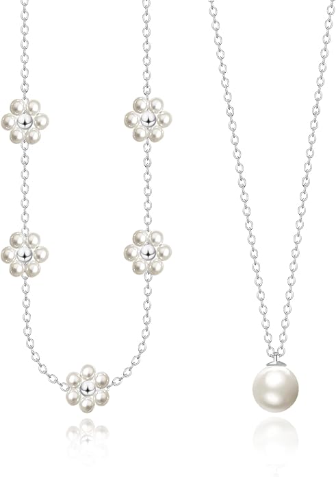 OGD Gold Pearl Necklaces Set for Women 14K Gold Plated Dainty Layered Pearl Cute Daisy Pearl Choker Gold Necklace Gifts for Women Gold Trendy Jewelry Gifts