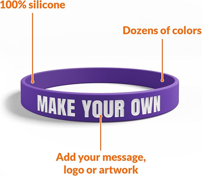 Custom Wristbands For Events, Fundraisers & Promotions | Add Text, Icons, & Logos | Bulk Rubber Bracelets | Classic 1/2” | 100% Silicone