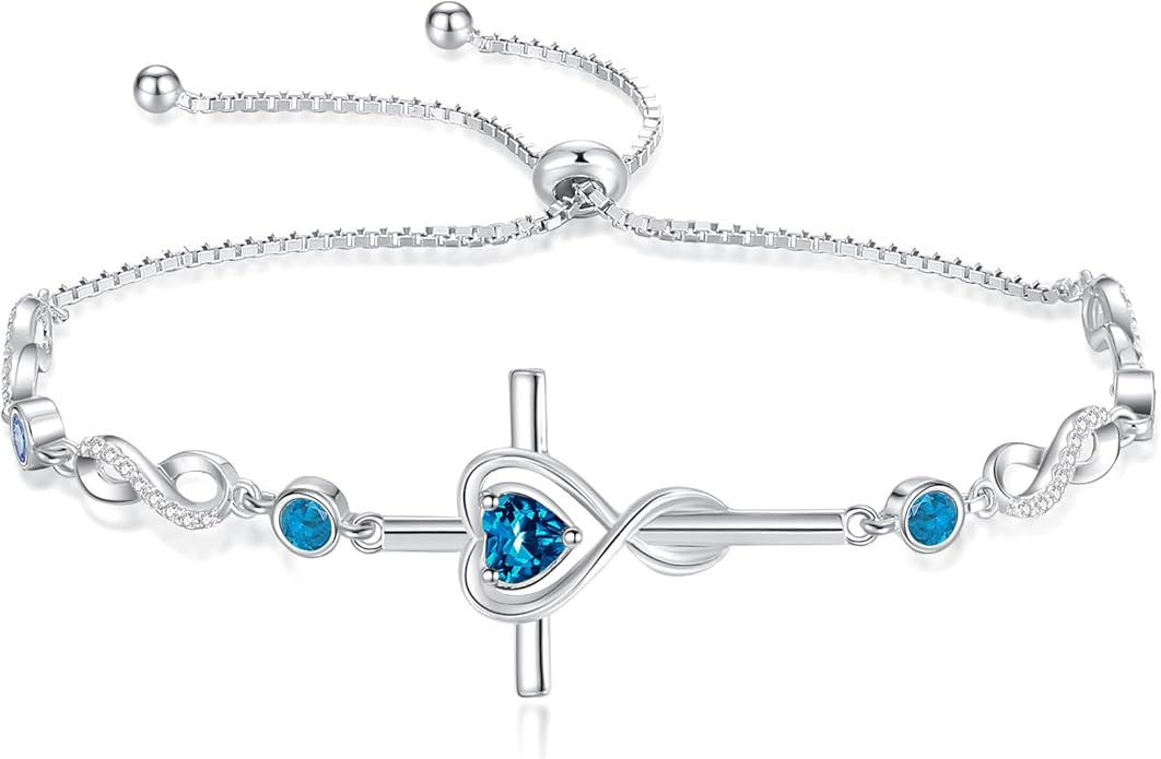 FANCIME Gift for Women Cross Bracelet 925 Sterling Silver Heart Birthstone Bracelet Fine Jewelry Birthday Gifts for Her Women