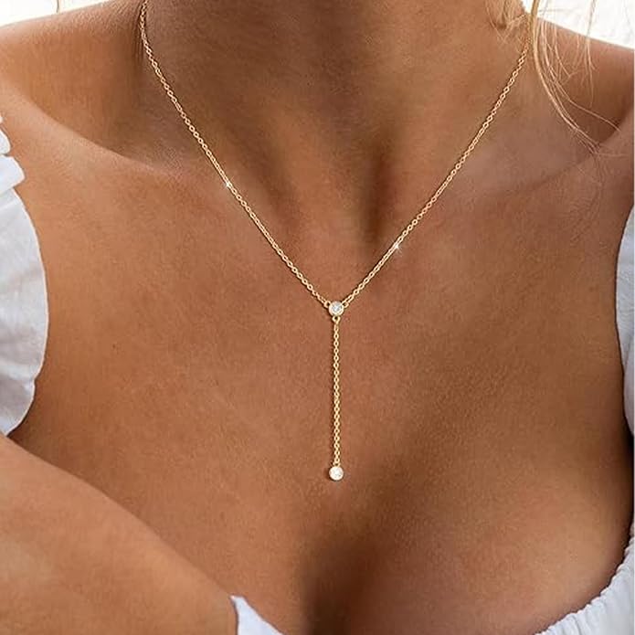 Zeffy Lariat Gold Necklace for Women, Dainty Long Necklace 14k Gold/Silver Plated Layered CZ Beaded Bar Chain Y-Shaped Body Chain Stack Drop Wedding Necklace Trendy Simple Gold Jewelry Gifts