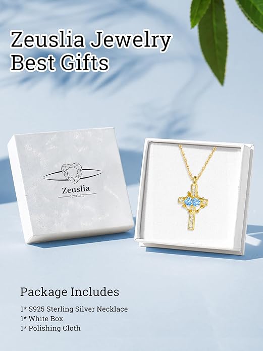 Zeuslia Double Birthstone Necklace Gifts for Wife - 925 Sterling Silver Sunflower/Rose/Crown Cross/Compass/Heart Pendant I Love You Necklace, Anniversary Birthday Gifts for Wife Girlfriend Mom Her