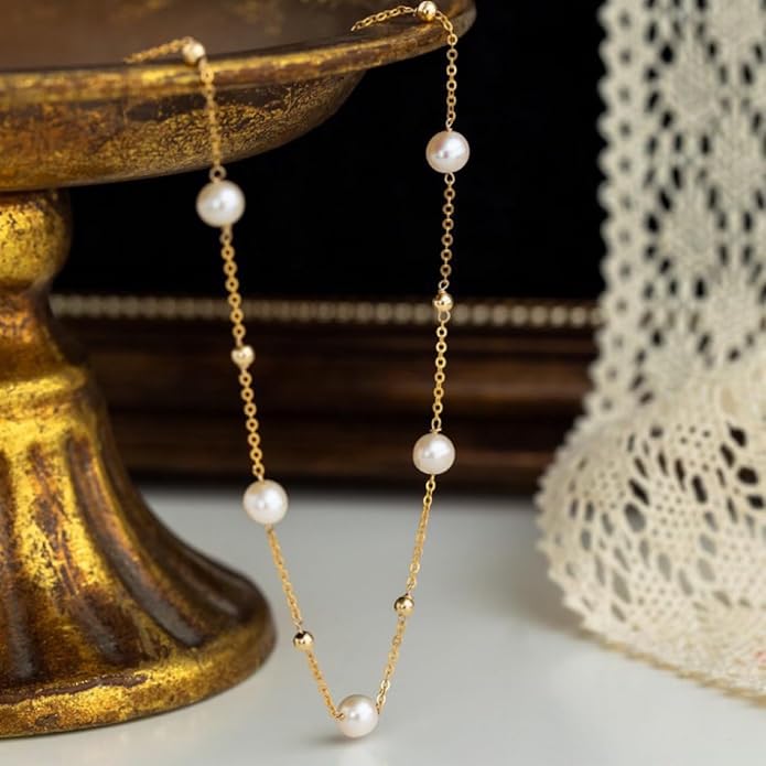 Boho Pearl Y Shape Necklaces for Women, Dainty 14k Gold Plated Pearl Beaded Chain Choker Necklace Trendy Jewelry Accessories Gift