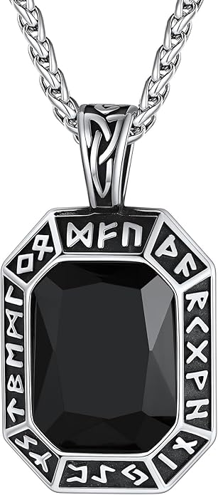 ChainsHouse Viking Rune Pendant Necklace for Men Women, Punk Biker Black Metal/316L Stainless Steel Onyx Norse Vintage Amulet Necklaces with Black/Red/Green/Blue Gemstone, Send Gift Box