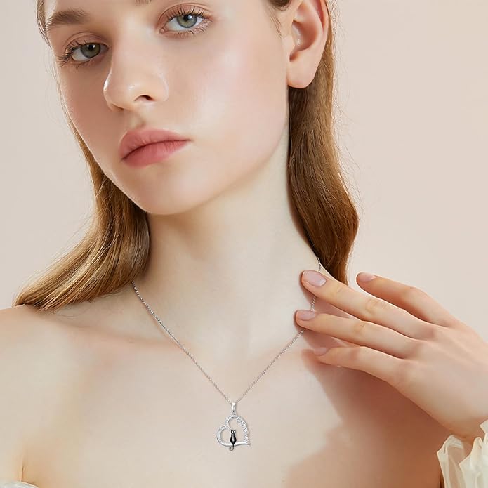 Cat Gifts for Women 925 Sterling Silver Heart Moon Cat Necklace Pendant Women Jewelry Halloween Christmas Gifts