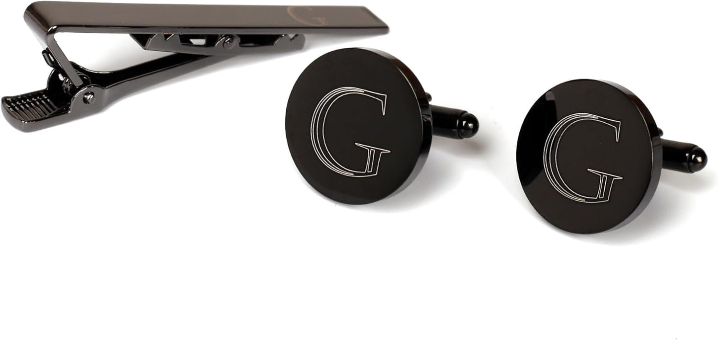 Mens Initial Cufflinks and Tie Clip A-Z Alphabet Letter Black Stainless Cuff Links Tie Bar with Engraved Walnut Wood Box Groom Groomsman Wedding Set