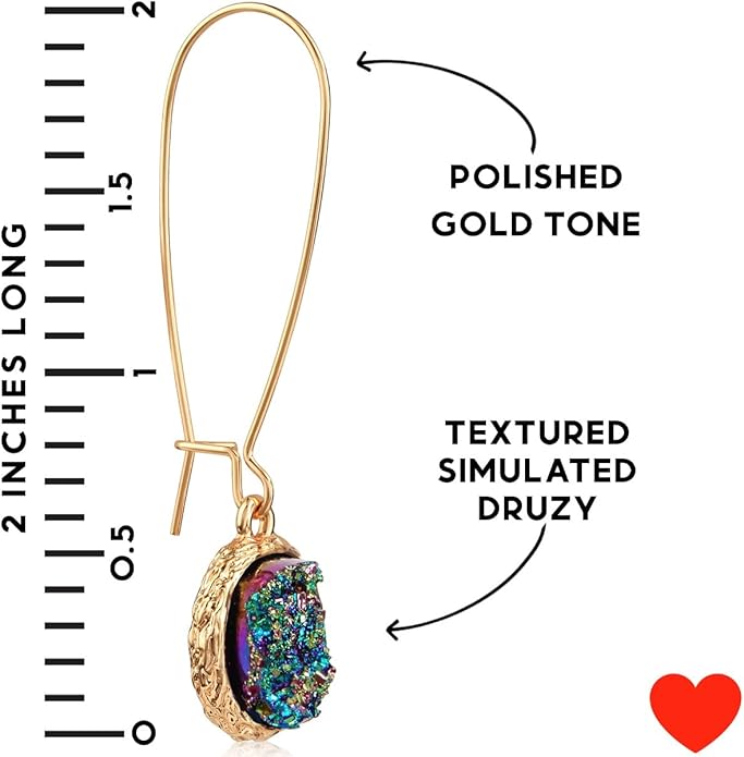 Simulated Druzy Threader Drop Earrings for Women - Gold, Silver, or Rose Gold Tone Trendy Boho Dangles with Sparkly Round Stone