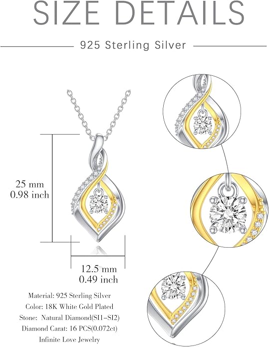 ZBA Natural Diamond Infinity Necklace for Women, 14K White Gold Plated Sterling Silver Diamond Eternal inifnity Pendant Necklaces Jewelry, Birthday Christmas Gifts for Mom Her Wife(Color F-G/Clarity I1-I2)