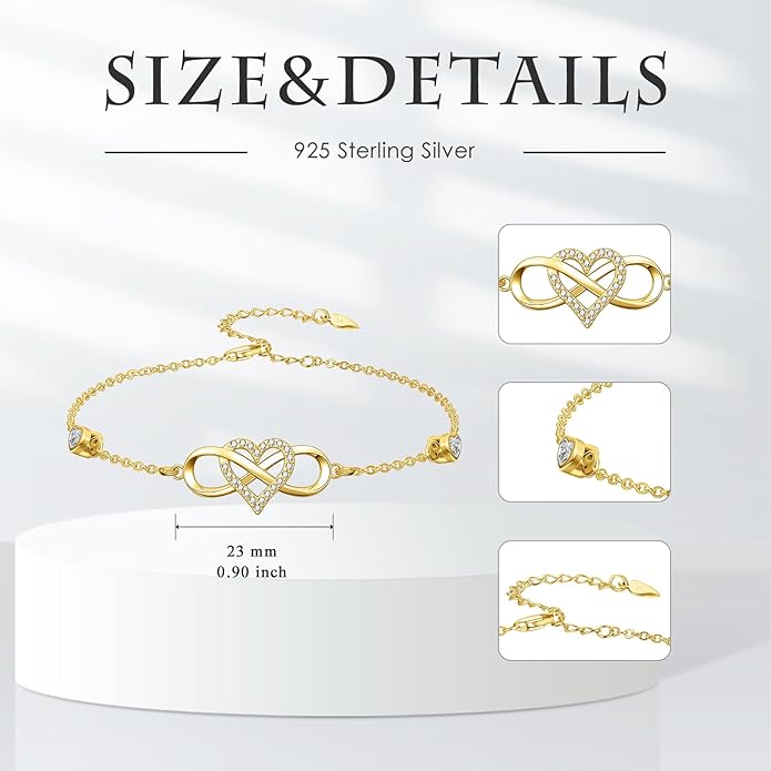 Dorunmo Infinity Bracelet Mom Bracelet 925 Sterling Silver 14K Gold Plated Infinity Heart Anklet for Women Christmas Jewelry Gifts for Wife Mom Daughter