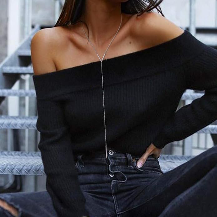 FOCALOOK Long Necklaces for Women 14K Gold Plated Dainty Drop Bar Pendant Lariat Y-Shaped Necklace Earring Set 28inch/73cm