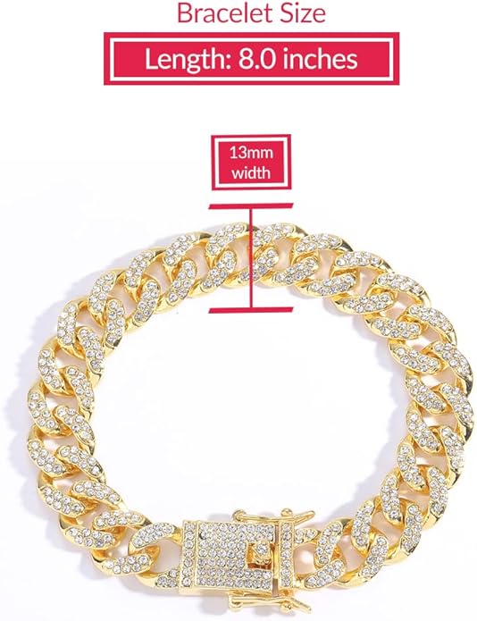EMESLY Miami Cuban Link Chain 14K Gold Plated Necklace (16, 18, 20, 22, 24, 30 Inches Length); Hip Hop Bracelet (8" Length) for Men & Women; Perfect Iced Out Bling Jewelry Gift