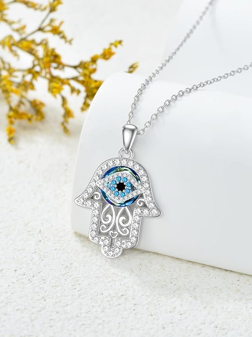 WINNICACA Sterling Silver Evil Eye Necklace Protection Crystal Pendant for Women Good Luck Vintage Evil Eye Pendant Jewelry Birthday Gifts for Women Friend Female