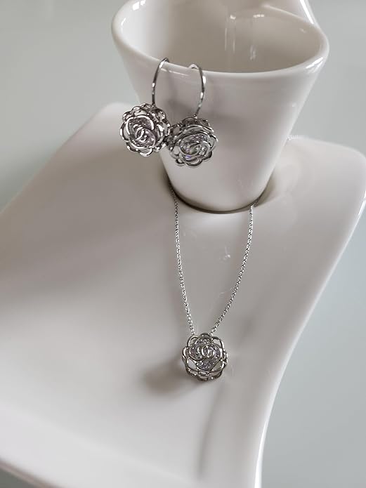 Crystalline Azuria Women 18K Gold Plated White Crystal Roses Flowers Necklace and Earrings Set for Women Wedding Party Bridal Bridesmaid Accessories