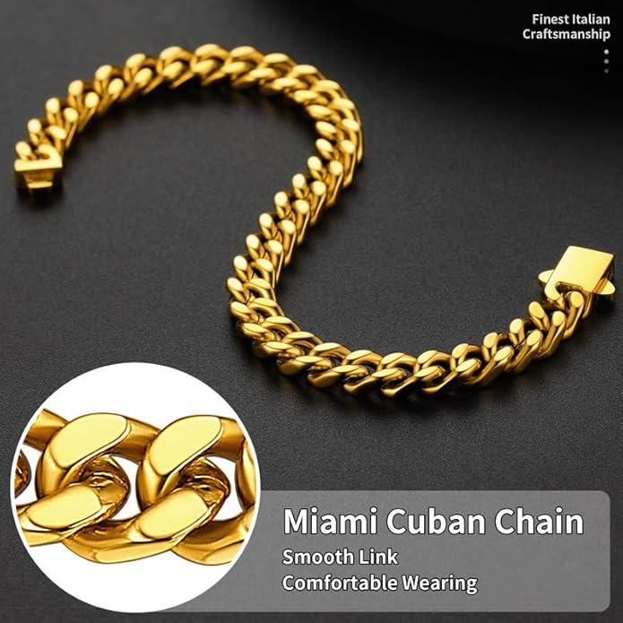 ChainsHouse Stainless Steel Cuban Link Bracelet for Men, 5mm/7mm/9mm/12mm Width, 7.5"/8.3"/9" Length, Black/18K Gold Plated Chain Wrist Bracelets for Men, with Gift Box