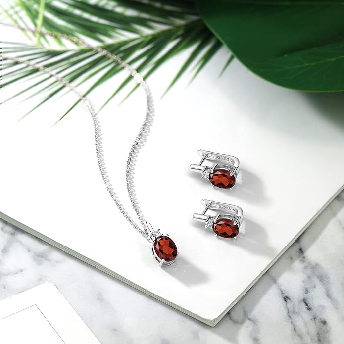 Gemstone Birthstone and White Created Sapphire Pendant and Earrings Jewelry Set for Women in 925 Sterling Silver | Oval 8X6MM and Round 2.5MM | With 18 Inch Chain | Fine Jewelry for Her Mom Women Wife