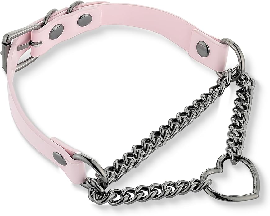 Black/Pink Leather Choker Necklace For Women, Handmade Adjustable Chain Collar with Metallic Heart Ring