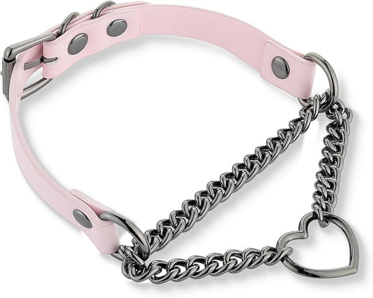 Black/Pink Leather Choker Necklace For Women, Handmade Adjustable Chain Collar with Metallic Heart Ring