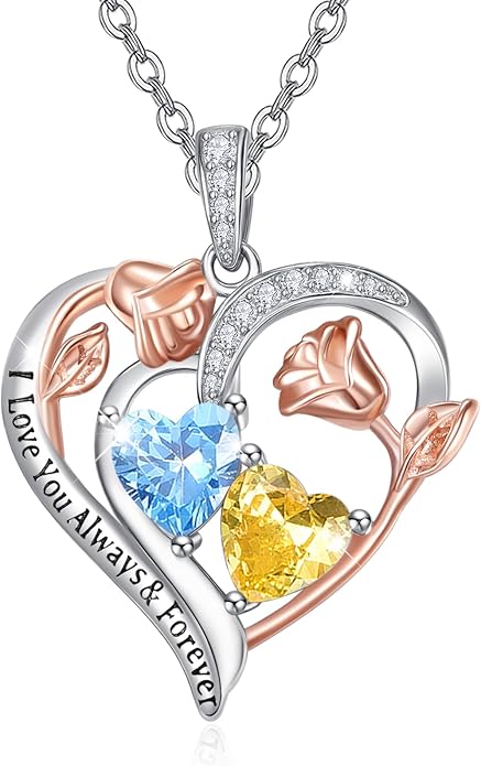 Zeuslia Double Birthstone Necklace Gifts for Wife - 925 Sterling Silver Sunflower/Rose/Crown Cross/Compass/Heart Pendant I Love You Necklace, Anniversary Birthday Gifts for Wife Girlfriend Mom Her