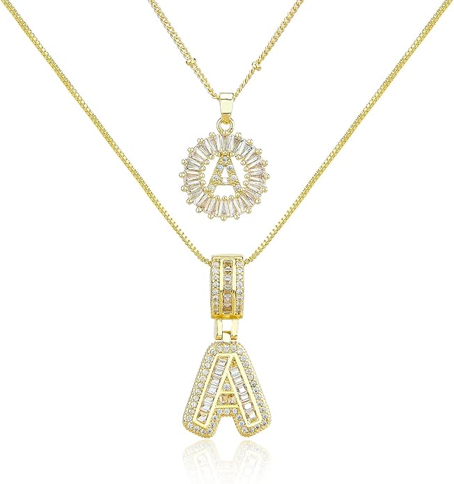 14K Gold Plated Initial Letter Pendant Necklace, Cubic Zirconia Crystal, Copper Chain