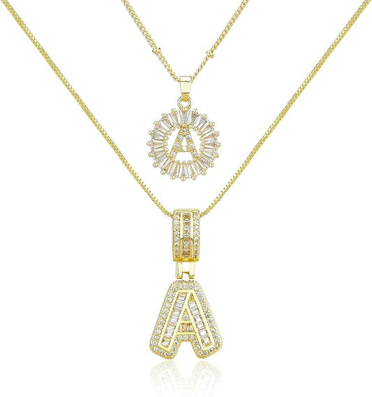 14K Gold Plated Initial Letter Pendant Necklace, Cubic Zirconia Crystal, Copper Chain