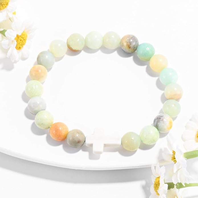 VIBILIA Cross Beaded Bracelets for Women, Inspirational Natural Heart Religious Bracelets for Women, Birthday Christian Gifts for Women on Thanksgiving Christmas Gifts