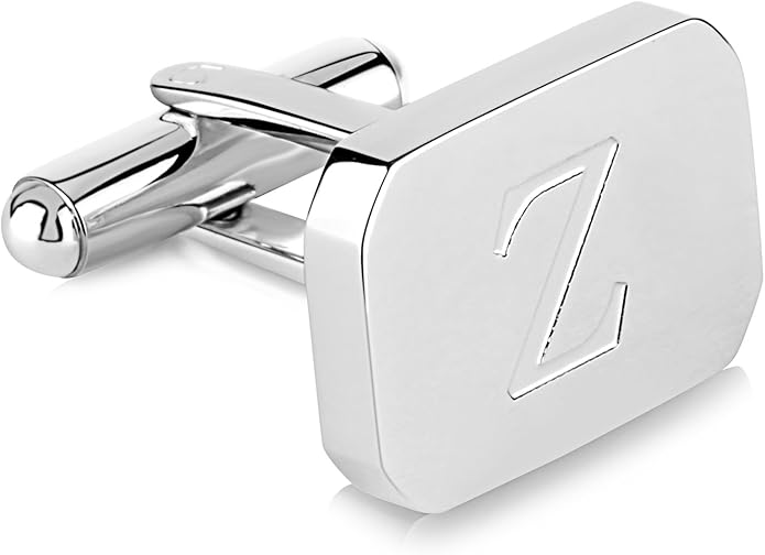 18K White-Gold Plated Initial Engraved Stainless Steel Men’s Cufflinks With Gift Box -Personalized Alphabet Letter’s A-Z By Lux & Pair