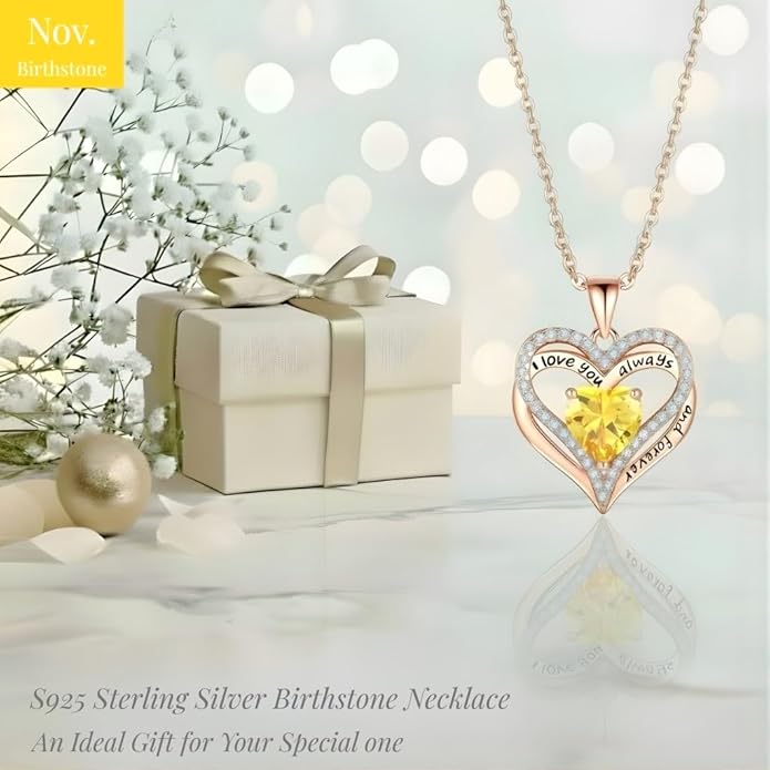 Birthstone Heart Necklace for Women Wife Girlfriend Mom Daughter Gifts S925 Silver Jewelry For Anniversary Rose Gold Gifts For Birthday Christmas Mothers Valentines Day