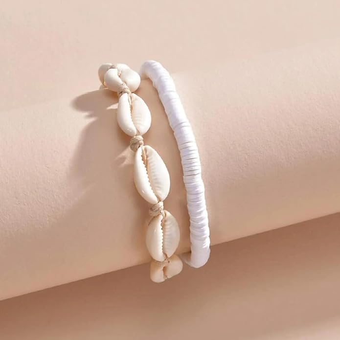 Shell Ankle Bracelet Set for Women, Gold Plated Boho Bead Adjustable Anklet, Hawaiian Beach Seashell Pearl Heart Starfish Conch Foot Jewelry Gifts