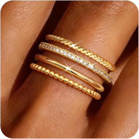 Florideco Stackable Rings for Women Non Tarnish Dainty 14K Gold Plated Stacking Thin Ring Set Trendy Statement Minimalist Cubic Zirconia Band Rings Promise Engagement Rings Size 5-10