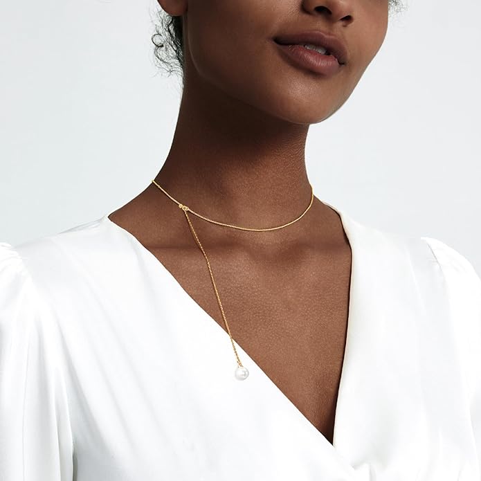 Zeffy Lariat Gold Necklace for Women, Dainty Long Necklace 14k Gold/Silver Plated Layered CZ Beaded Bar Chain Y-Shaped Body Chain Stack Drop Wedding Necklace Trendy Simple Gold Jewelry Gifts