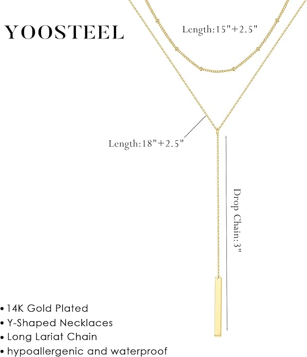 Yoosteel Long Lariat Necklace for Women - Dainty Y-Shaped Necklaces 14K-Gold-Plated Drop Chain Simple Jewelry Trendy Gifts for Women