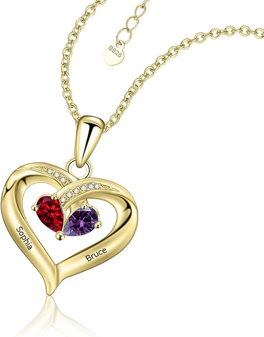 JOBFLY S925 Sterling Silver Customized 2 Birthstone Heart Necklace with 2 Name Engraved Personalized Mother Daughter Necklace Couple Jewelry Christmas Birthday Gift