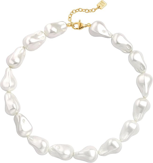 Chunky Statement Stone Beaded Necklace, Big Baroque Pearl Gold Choker, Trendy Boho Colorful Stone Jewelry