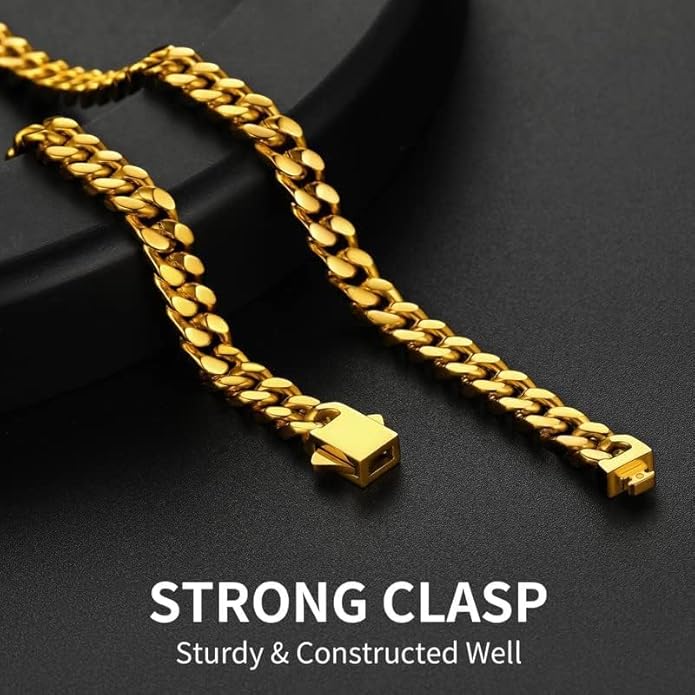 ChainsHouse Stainless Steel Mens Cuban Link Chain, Black/ 18K Gold Plated Miami Cuban Chain Necklace, 5mm/7mm/9mm/12mm/14mm Width, No Tarnish& Durable Hip Hop Mens Jewelry, 18"-30", Send Gift Box