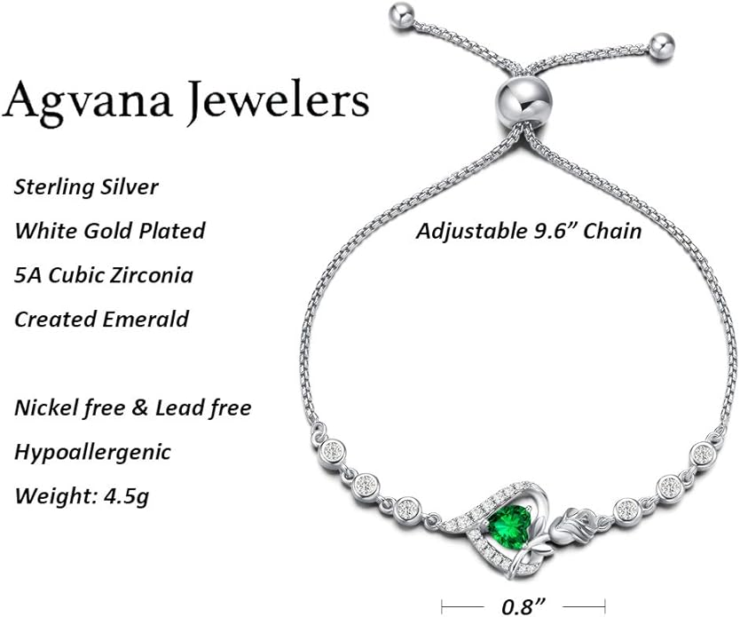AGVANA Rosy Reverie Birthstone Bracelet for Women Sterling Silver Genuine or Created Gemstone Tennis Bracelet Rose Heart Jewelry Anniversary Birthday Gifts for Women Mom Wife Her