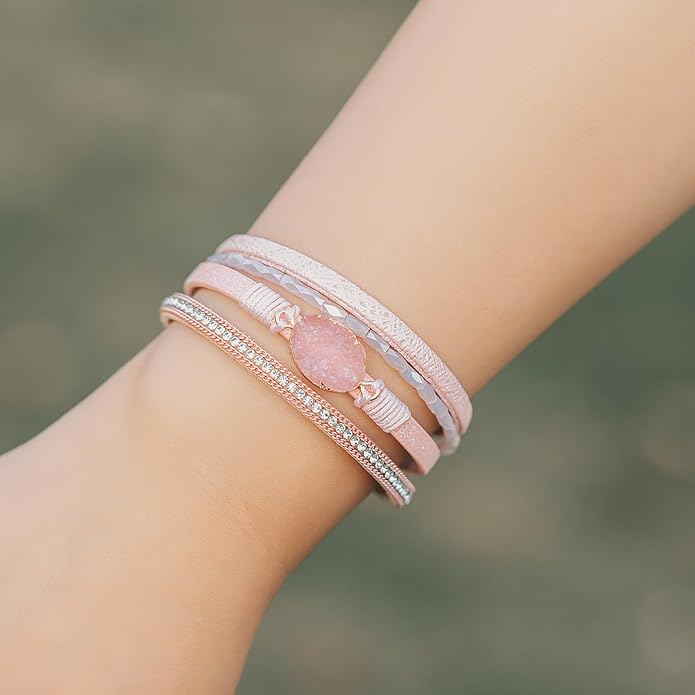 FANCY SHINY Leather Wrap Bracelet Boho Cuff Bangle Bracelets Crystal Bead Bracelet with Magnetic Clasp Jewelry Gifts for Women