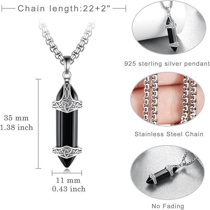 Tiaxiemo Viking Necklace for Men 925 Sterling Silver Obsidian Celtic Knot Necklace Norse Jewelry Gifts for Men