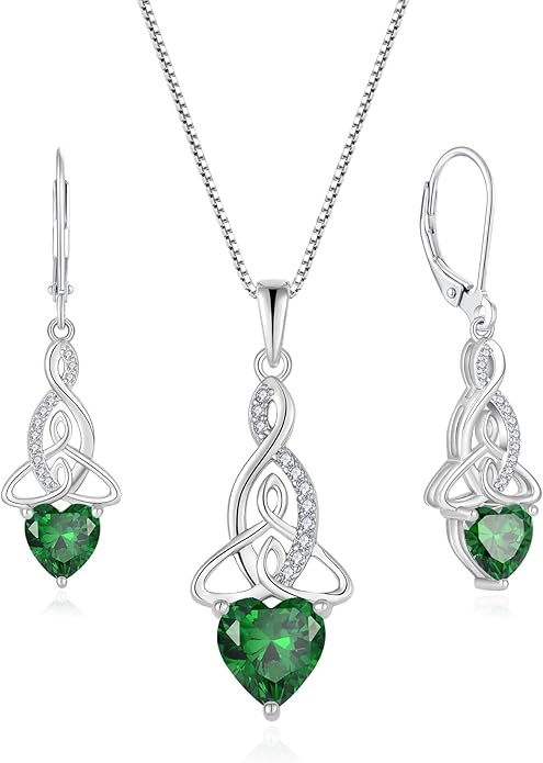 Infinity Celtic Knot Jewelry Set for Women 925 Sterling Silver Emerald Earrings and Necklace Set May Birthstone Jewelry Gifts for Her