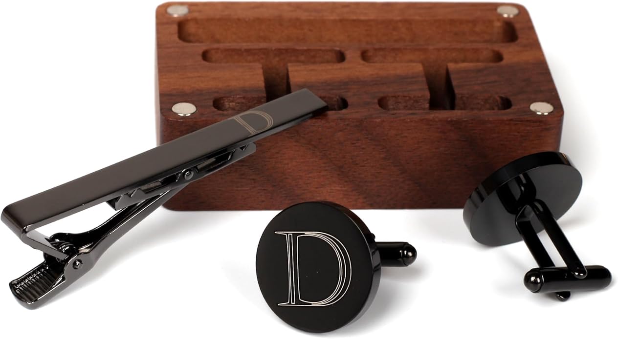 Mens Initial Cufflinks and Tie Clip A-Z Alphabet Letter Black Stainless Cuff Links Tie Bar with Engraved Walnut Wood Box Groom Groomsman Wedding Set