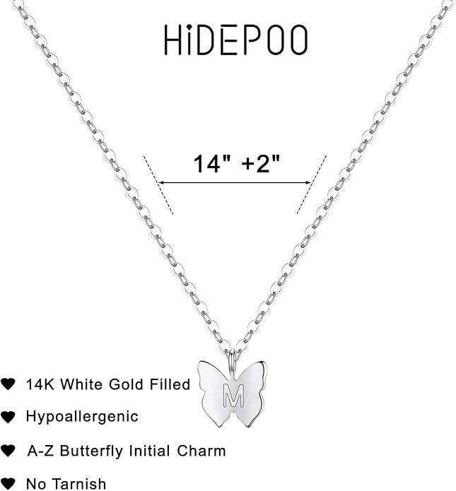 Hidepoo Initial Butterfly Necklace for Girls Gifts, 14K Gold/Silver/Rose Gold Filled Dainty Butterfly Pendant Choker Necklace Initial Butterfly Necklace Birthday Gifts for Girls