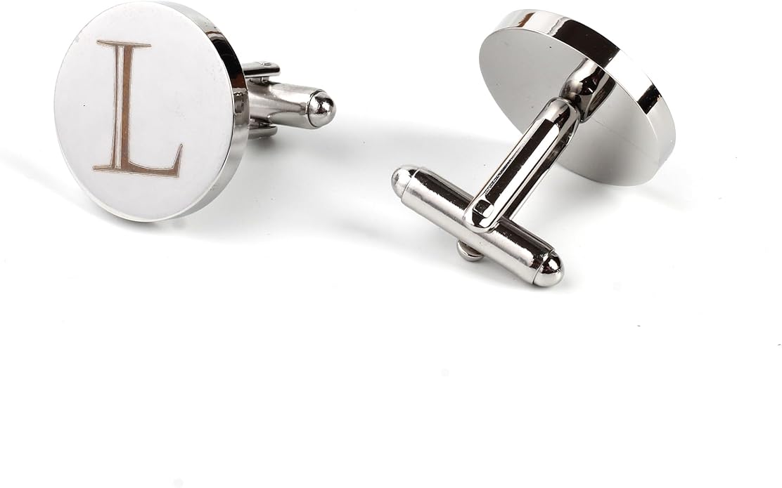 Mens Initial Silver Cufflinks A-Z Alphabet Letter Steel Cuff Links with Engraved Walnut Wood Box Groom Groomsman Wedding Set…