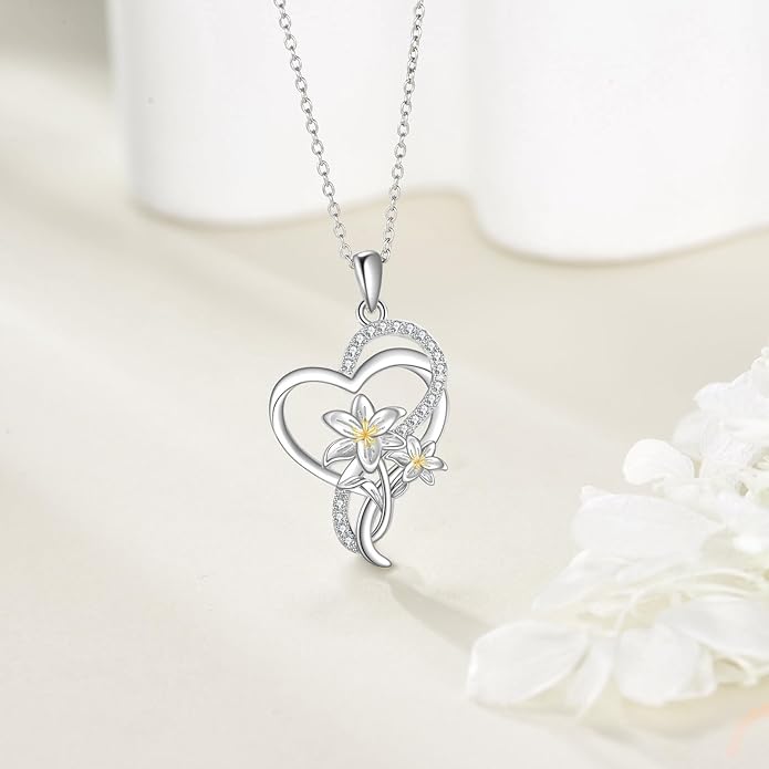 Tulip Sunflower Rose Lily of the Valley Sterling Silver Flower Heart Pendant Necklace Gifts for Women Mother Flower Lover