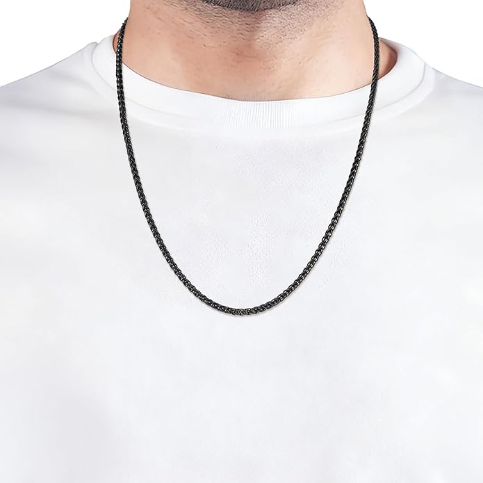 Fiusem Wheat Chains for Men and Women, 2/2.5/3/4/5mm Silver Tone/14K Gold Plated/Black Necklace Chain, Stainless Steel Mens Necklace 16-28 Inch