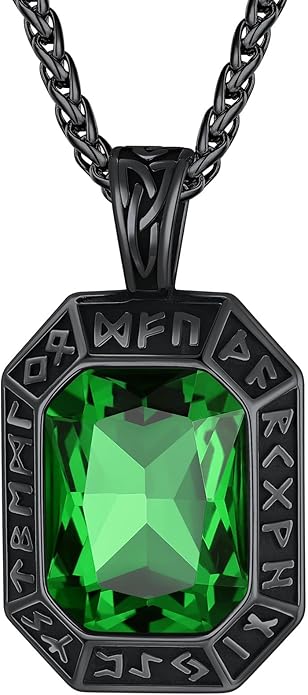 ChainsHouse Viking Rune Pendant Necklace for Men Women, Punk Biker Black Metal/316L Stainless Steel Onyx Norse Vintage Amulet Necklaces with Black/Red/Green/Blue Gemstone, Send Gift Box