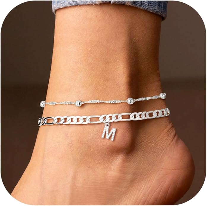 Ursteel Ankle Bracelets for Women, 14K Gold Plated Dainty Layered Chain CZ Initial Anklets Summer Jewelry Gifts for Women