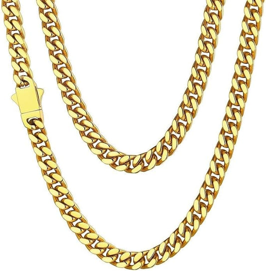 ChainsHouse Stainless Steel Mens Cuban Link Chain, Black/ 18K Gold Plated Miami Cuban Chain Necklace, 5mm/7mm/9mm/12mm/14mm Width, No Tarnish& Durable Hip Hop Mens Jewelry, 18"-30", Send Gift Box