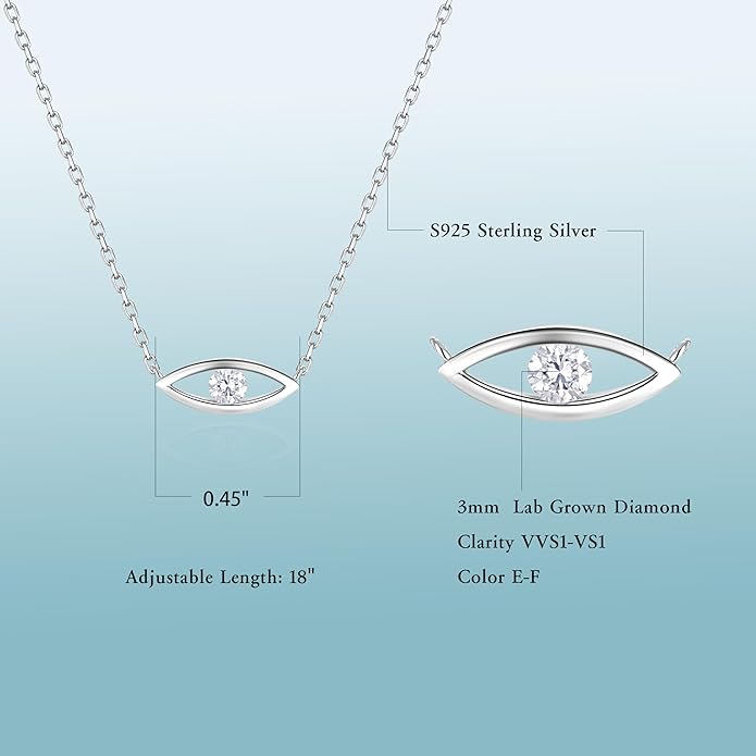 LAB Grown Diamond Evil Eye Pendent Necklace in S925 Sterling Silver Dainty Jewelry Gifts for Women, VVS1-VS1 Clarity, E-F Color (Silver)