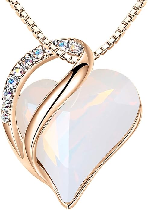 Leafael Rose Gold Plated Necklace for Women: Heart Shaped Birthstone/Healing Crystals Center, Dazzling Cubic Zirconia, Hypoallergenic Chain (18"+2"), Jewelry Gifts for Anniversaries and Birthdays